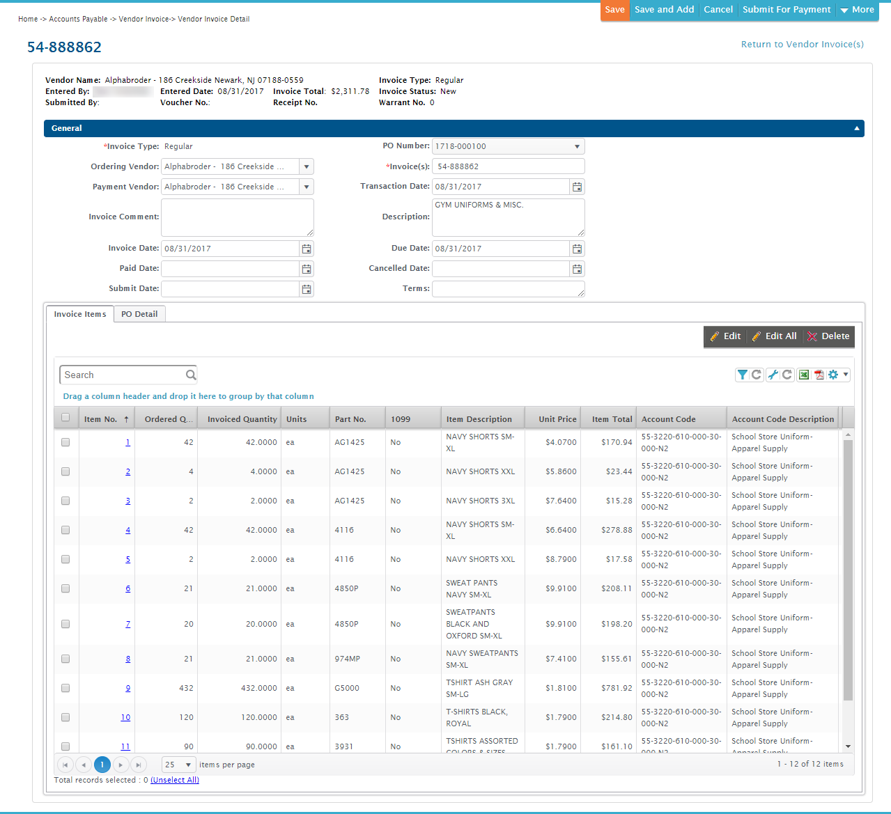 AP Edit Vendor Invoice Items